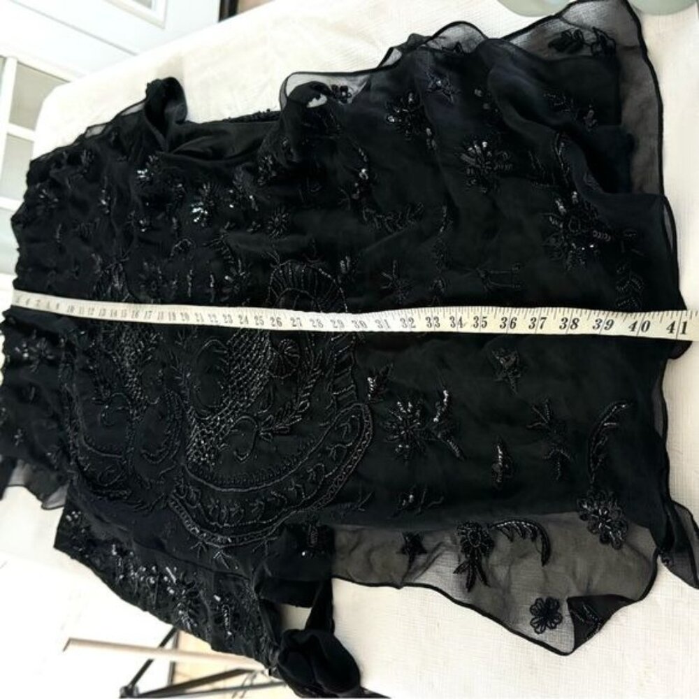 Pure silk sequined and beaded blouse Tie-side Embellished Sheer Black Blouse S - Picture 8 of 13
